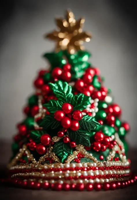 A close-up shot of a Christmas hat adorned with intricate beadwork in the shape of holly leaves and berries, creating a visually festive and traditional image.