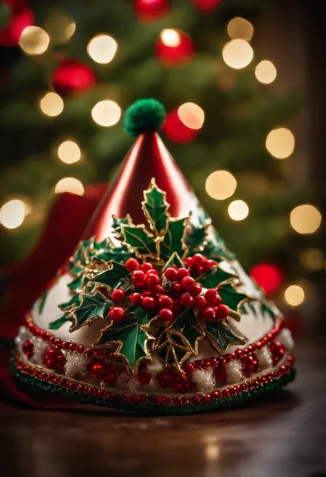 A close-up shot of a Christmas hat adorned with intricate beadwork in the shape of holly leaves and berries, creating a visually festive and traditional image.