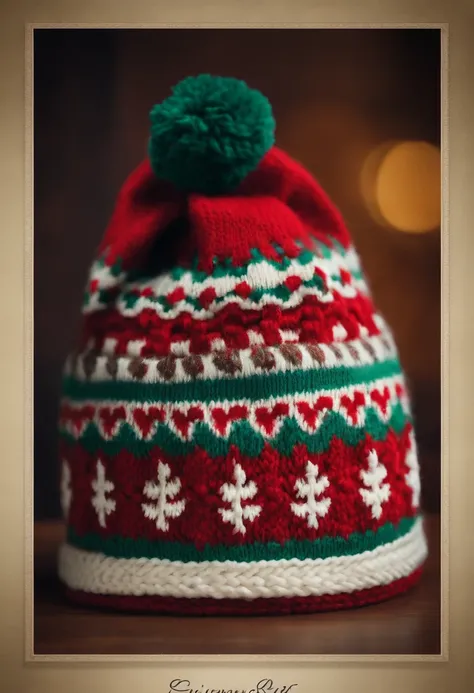 A high-resolution image of a Christmas hat made from hand-knit wool, with intricate Fair Isle patterns and vibrant colors, creating a visually cozy and nostalgic scene.