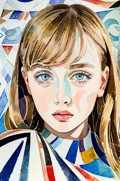 Sketched, watercolor paiting, Collage of Picasso and Robert Delaunay, cubism, Abstract, Cute daughter, big clear blue eyes, Little red cheeks, Blonde long-haired, Face-centric, Against the backdrop of newspapers and fashion magazines, Intricate Brushwork, ...