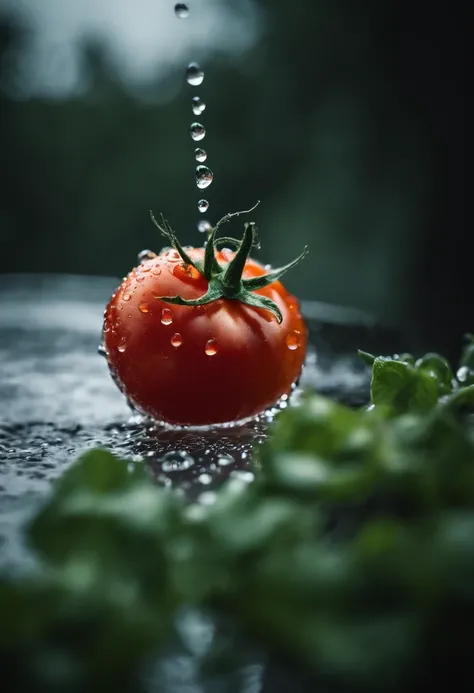 A close-up shot of a tomato covered in droplets of water, adding a refreshing and natural element to the image, creating a visually cool and invigorating scene.