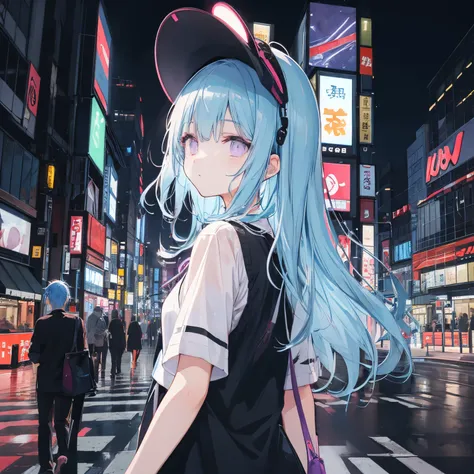 Transparent watercolor、Jewel Eyes,Beautiful arrangements and motifs、Originality、depth of fields , Fantastic、Neon, blue neon, young man with light blue hair, sun visor, black short-sleeved jumper, purple eyes, depth of field, Tokyo at night, crosswalk, ligh...