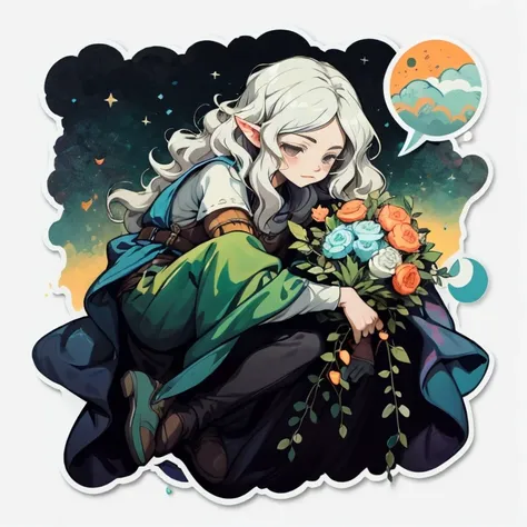 1 sticker, handbook, (Sticker, 1 boy, Medieval heavy dress, luna. veil, bouquet, Separating elements), watercolour, whitebackground, Simple background, minimal, Cute, tiny, Color: pastel colours, vector style, No gradient, pale skinned man,short wavy hair,...