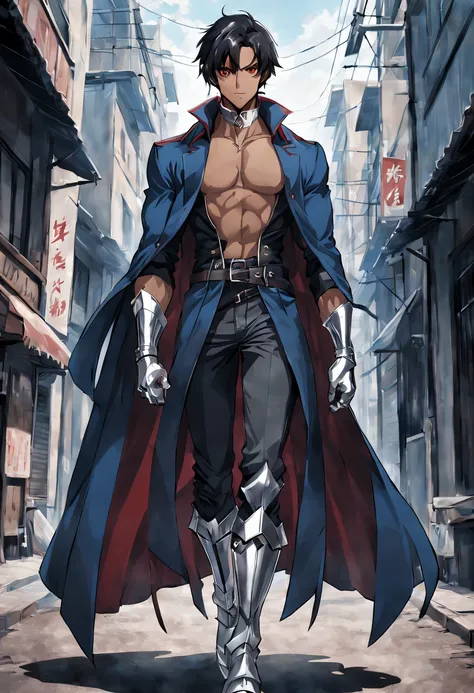 (anime), (handsome sole young man), (two meters tall), (dark brown skin), (black hair), (red eyes), (muscular body), (long blue ...