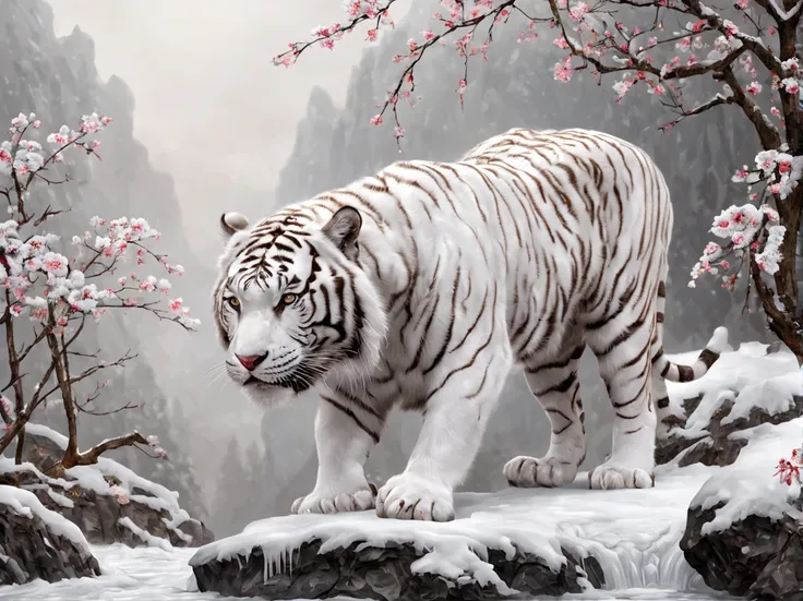 The mighty and ferocious white tiger，Forest，Surrounded by snow and ice，[(white backgrounid:1.5)::5]，Medium shot，fully body photo，Chinese style，Plum blossom fragrance，stone fragment，Beautiful and delicate Chinese white tiger，(Fine strokes: 1.1), Dynamic dep...