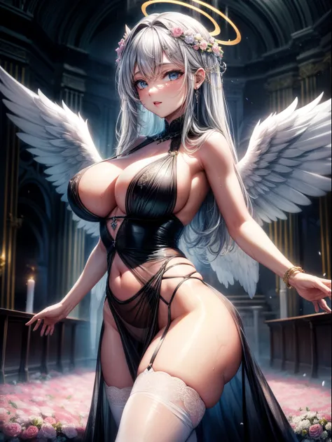 （8K ，hyper-detailing，ultra real photo，Best masterpiece，natural，Perfect artwork，Perfect female body），Cute busty girl ，Hair color，（large tities），Angelic，obsessed，the angels wings，The halo，Beautiful church，beautiful rain of petals，Gorgeous accessories，golden ...