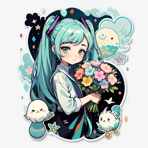 1 sticker, handbook, (Sticker, 1 girl, luna,bouquet, Separating elements), watercolour, whitebackground, Simple background, minimal, Cute, tiny, Color: pastel colours, vector style, No gradient, hatsune miku, dark shadows, Lustrous Hair, Tarot symbols, bir...