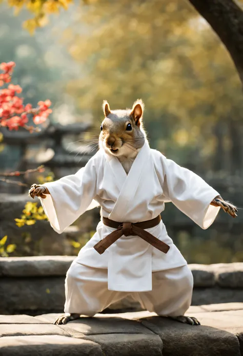 imagine, like a humanoid (anthropomorphic) a squirrel in a white kimono practices kung fu in a picturesque Chinese garden, Squirrel Furry, squirrel - kung fu fighter, kung fu training, Anthropomorphic squirrel, Hi-Def, Best Quality, Highest Resolution, 8K,...