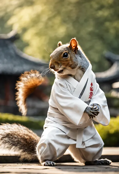 imagine, like a humanoid (anthropomorphic) a squirrel in a white kimono practices kung fu in a picturesque Chinese garden, Squirrel Furry, squirrel - kung fu fighter, kung fu training, Anthropomorphic squirrel, Hi-Def, Best Quality, Highest Resolution, 8K,...