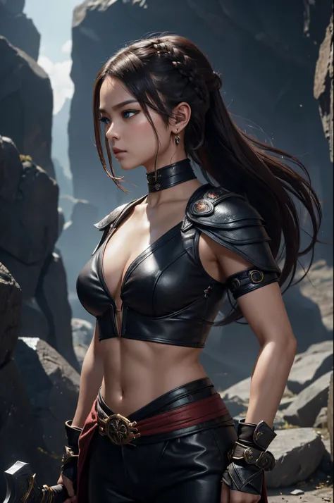 8K、1little girl,tiny chest,girl swordsman,cinematic wonder:Mortal Kombat Girl&#39;s ultra-realistic glow in Unreal Engine 5,Small cleavage、Light equipment、Jet black exterior,Black pants,red precise pattern work,Blue eyes、Equipped with one-handed sword,Crea...