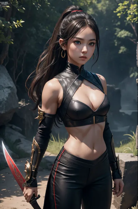 8K、1little girl,tiny chest,girl swordsman,cinematic wonder:Mortal Kombat Girl&#39;s ultra-realistic glow in Unreal Engine 5,Small cleavage、Light equipment、Jet black exterior,Black pants,red precise pattern work,Blue eyes、Equipped with one-handed sword,Crea...