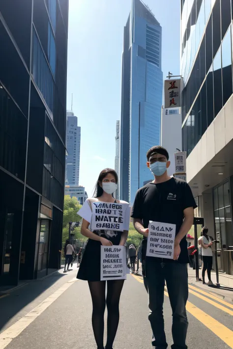 A man and a woman stand side by side in a tall building，Their mouths were sealed with black tape，There were some people holding signs in protest behind.，words written on the sign，Hang on the building