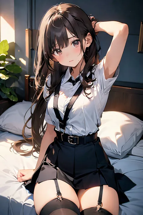 flat-colors、depth of fields、lens flare 1 girl、、Brown hair、watching at viewers　　　black suspenders　　　Bulging big breasts　　 　 　　　walls: 　Black miniskirt　garters　　　　　　Gaze　　　Small face　bangss 　　　　　a belt 　Beautuful Women　hands up　Lying in bed　 　　sideways eyes