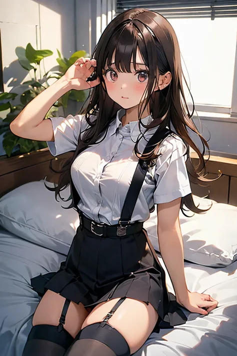 flat-colors、depth of fields、lens flare 1 girl、、Brown hair、watching at viewers　　　black suspenders　　　Bulging big breasts　　 　 　　　walls: 　Black miniskirt　garters　　　　　　Gaze　　　Small face　bangss 　　　　　a belt 　Beautuful Women　hands up　Lying in bed　 　　sideways eyes