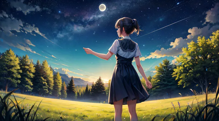 grass field　night sky with moon visible　Starlight　　rays of moonlight　Girl Standing Backwards