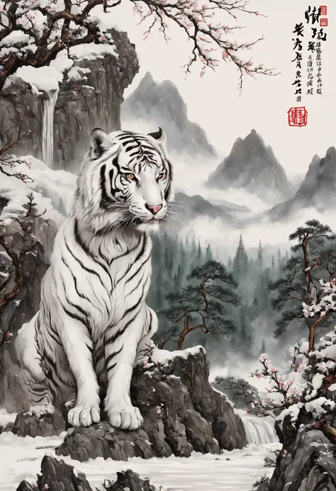 The mighty and ferocious white tiger，Green pines and cypresses stand tall，surrounded by cloud，rugged mountains，Old palace，Surrounded by snow and ice，[(white backgrounid:1.5)::5]，Medium shot，fully body photo，Chinese style，Plum blossom fragrance，stone fragme...