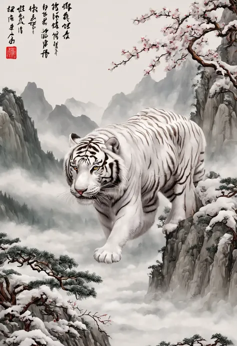 The mighty and ferocious white tiger，Green pines and cypresses stand tall，surrounded by cloud，rugged mountains，Old palace，Surrounded by snow and ice，[(white backgrounid:1.5)::5]，Medium shot，fully body photo，Chinese style，Plum blossom fragrance，stone fragme...