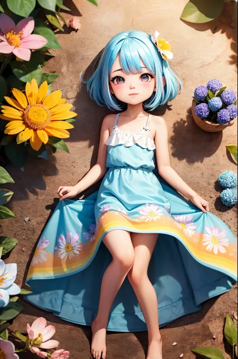 Stand in front of the photo、1girl in,Full body, a short bob、Sleeveless、rainbow color Hair,Colorful flip flops,A slight smil、kawaii pose、Flowing iridescent silk、up of face、Eye Up、Colorcon with heart pattern、Floral dress、There are flowers even in front of yo...