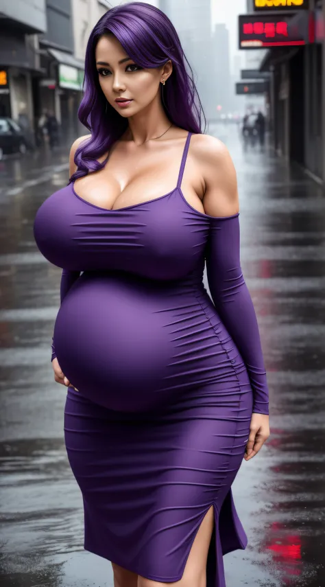 blackdress, Pregnant Woman, (top-quality, 4K, Master Parts: 1.3), beautiful woman is pregnant, Hyper realistic, 1 mature woman, (Massive breasts, attractive bodies: 1.2), abdominal: 1.1, purple color  hair: 1.3, (Wet rain, Wet in the rain, Wet body:1.2), h...