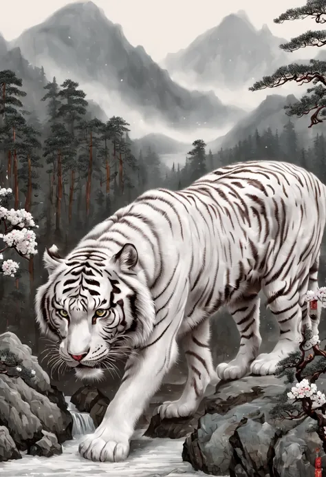 The mighty and ferocious white tiger，Green pines and cypresses stand tall，surrounded by cloud，rugged mountains，Old palace，Surrounded by snow and ice，[(white backgrounid:1.5)::5]，Medium shot，fully body photo，Chinese style，Plum blossom fragrance，stone fragme...