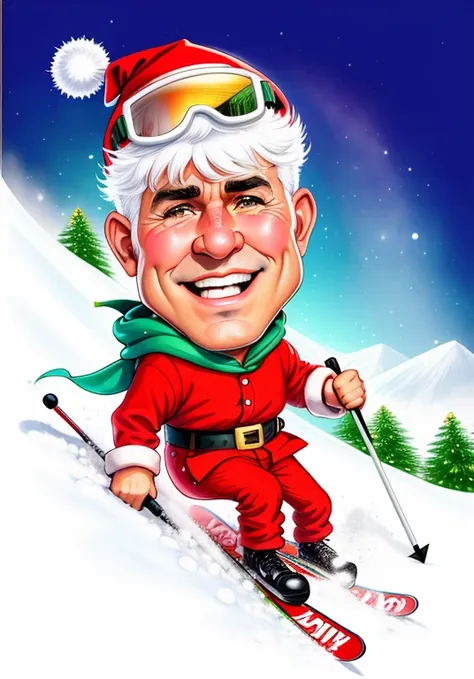 cartoon of a man in Santa hat skiing down a hill, caricature illustration, estilo caricatura, caricatura, caricatura!!!, caricatural, Santa, retrato dos desenhos animados, inspirado em Rudolph Belarski, Kenny Schar, in cartoon style, esqui, foto de perfil,...