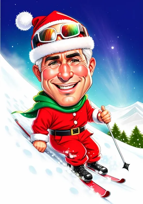 cartoon of a man in Santa hat skiing down a hill, caricature illustration, estilo caricatura, caricatura, caricatura!!!, caricatural, Santa, retrato dos desenhos animados, inspirado em Rudolph Belarski, Kenny Schar, in cartoon style, esqui, foto de perfil,...