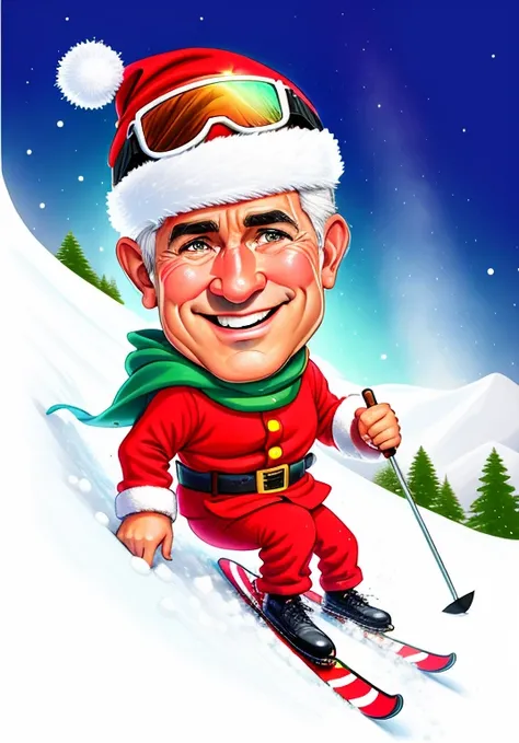 cartoon of a man in Santa hat skiing down a hill, caricature illustration, estilo caricatura, caricatura, caricatura!!!, caricatural, Santa, retrato dos desenhos animados, inspirado em Rudolph Belarski, Kenny Schar, in cartoon style, esqui, foto de perfil,...