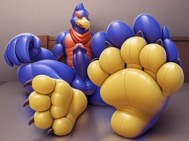 frontview of a male anthro (living inflatable) falco lombardi, looking at viewer, penis, balls, uncut, foreskin, spreading legs, sitting, paws, big paws, large paws, massive paws, hindpaws, humanoid feet, 2 toes, 2 big toes, 2 padded toes, plantigrate, fee...