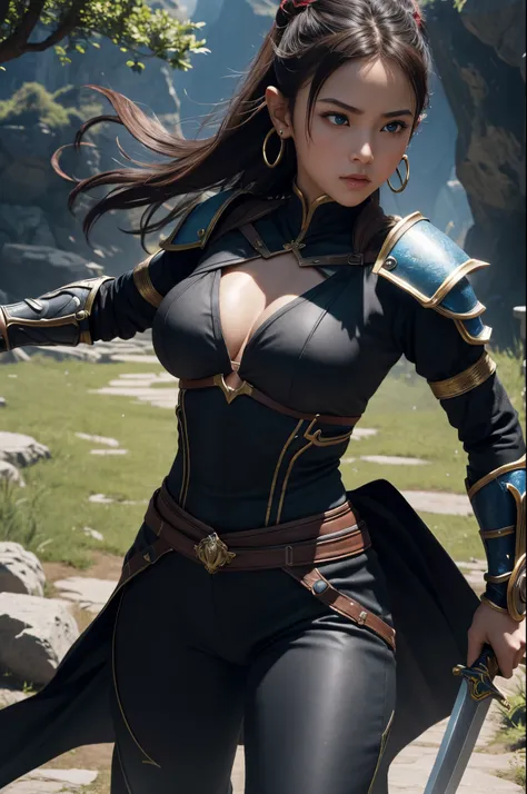 8K、1little girl,very small breasts,girl swordsman,cinematic wonder:Mortal Kombat Girl&#39;s ultra-realistic glow in Unreal Engine 5,Very small cleavage、Light equipment、Jet black exterior,Black pants,red precise pattern work,Blue eyes、Equipped with one-hand...