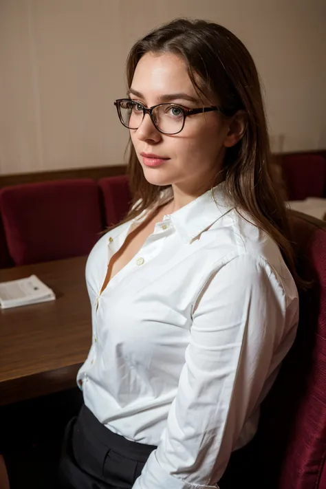 handsome girl, in armchair, In a hotel room, 30 years, with glasses on, realistic image, Realistic Facial Skin, in business clothes