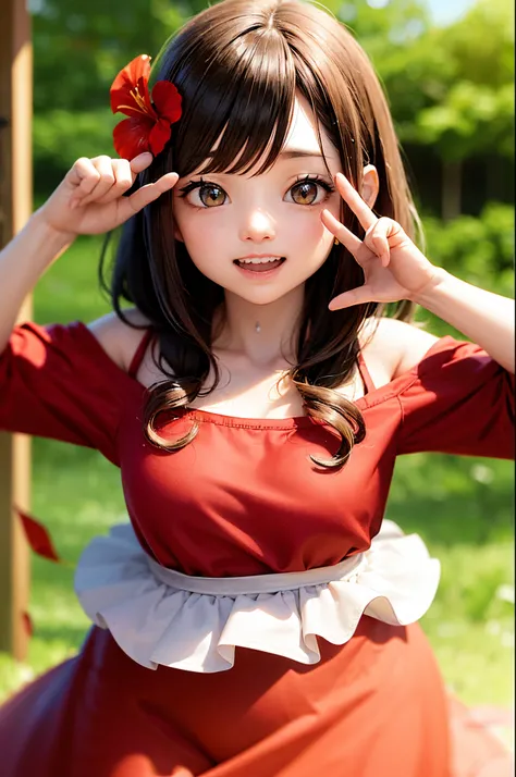 photoRealstic、Stand in front of the photo、laugh face、Water droplets on the cheeks、kawaii pose、Flowing Red Silk、bustup、Eye Up、Hibiscus petals、Blurring、brown haired、blue-sky、depth of fields、season!!: 夏☀ 🍂 ハイビスカス