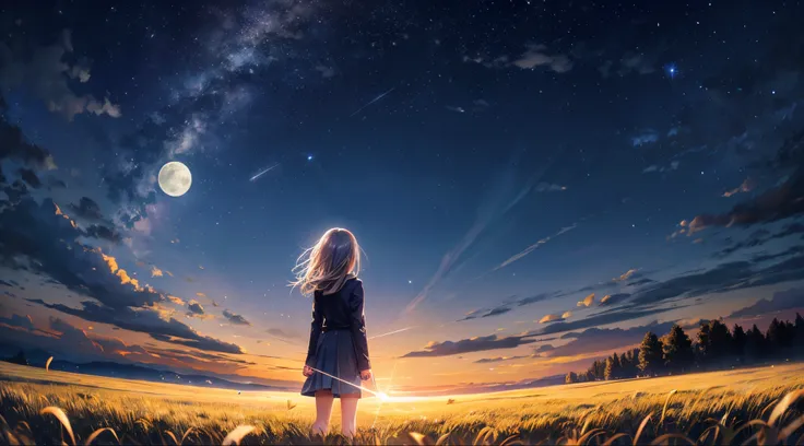 grass field　night sky with moon visible　Starlight　　rays of moonlight　girl standing with her back to the center