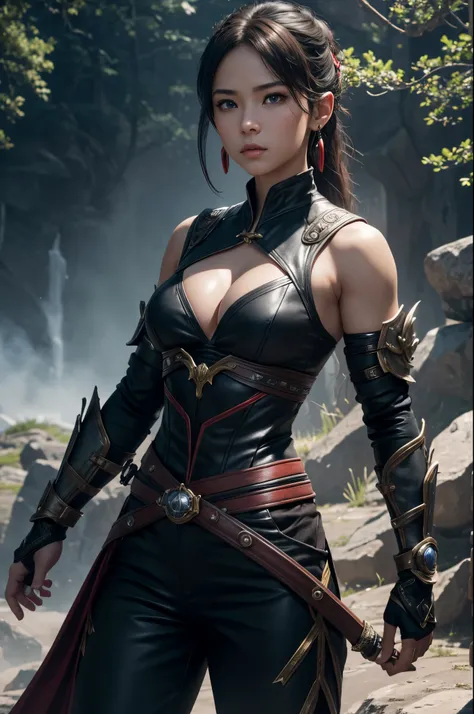 8K、1little girl,very small breasts,girl swordsman,cinematic wonder:Mortal Kombat Girl&#39;s ultra-realistic glow in Unreal Engine 5,Very small cleavage、Light equipment、Jet black exterior,Black pants,red precise pattern work,Blue eyes、Equipped with one-hand...