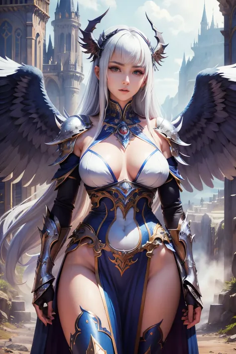 超A high resolution、An ultra-high picture quality、8K、Detailed details、marvelous expression、Beast Woman、condor woman、Super slender woman、wears metal armor on a white body、long limbs、large wings on the back、uptight、terror、landscape with old european castles