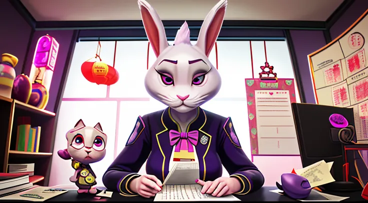 a white rabbit，she has big purple eyes，long eyelasher，pink nose，wearing a gray suit，the badge on the suit has chinese characters...