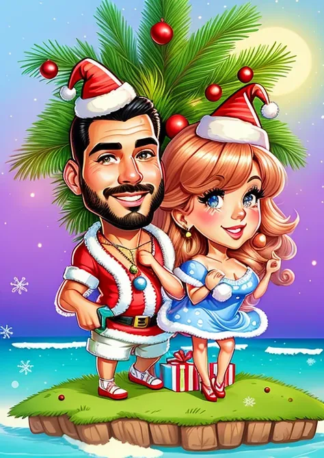 a cartoon of a couple on an island with christmas decorations, estilo caricatura, caricature illustration, in cartoon style, Natal, caricatura!!!, holiday season, feriado, retrato dos desenhos animados, retrato de casais, caricatura, caricatural, desenho a...