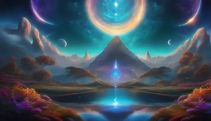 Digital art for a numerologists screensaver, depicting an otherworldly landscape with mystical symbols intertwined seamlessly. The cosmic theme is enhanced by a rich color palette, invoking a sense of wonder and spiritual connection.