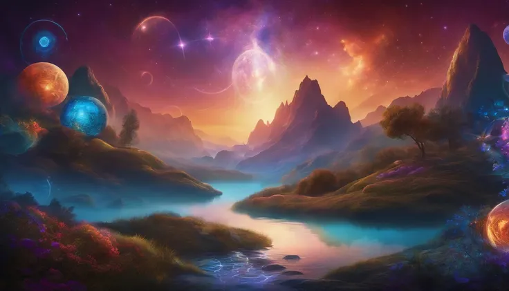 Digital art for a numerologists screensaver, depicting an otherworldly landscape with mystical symbols intertwined seamlessly. The cosmic theme is enhanced by a rich color palette, invoking a sense of wonder and spiritual connection.