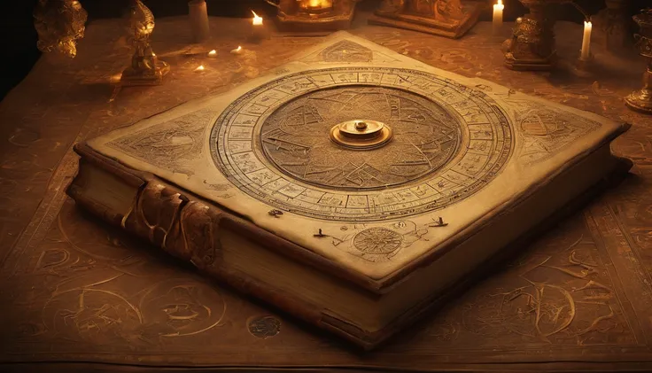 Ancient book of mystical arithmancy opened on an ornate pedestal, mathematical sigils and astrological charts flowing from the pages, particles of light radiate outwards, glimpse into the obscured numerological arts