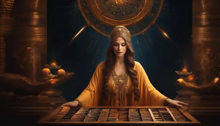 Enigmatic numerologist in flowing robes gestures over an ancient abacus, calculations of the cosmos reflected in her eyes, surrounded by celestial spheres circling a central flame, glimpse into obscure divination arts