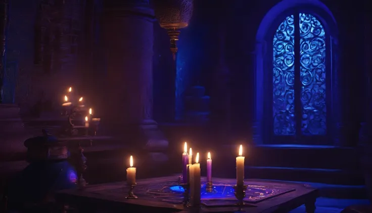 An eerie glimpse into a mystical numerology chamber, strange symbols and arcane tools float weightlessly, illuminated by candles that seem to defy gravity, blue and purple hues create an otherworldly mood