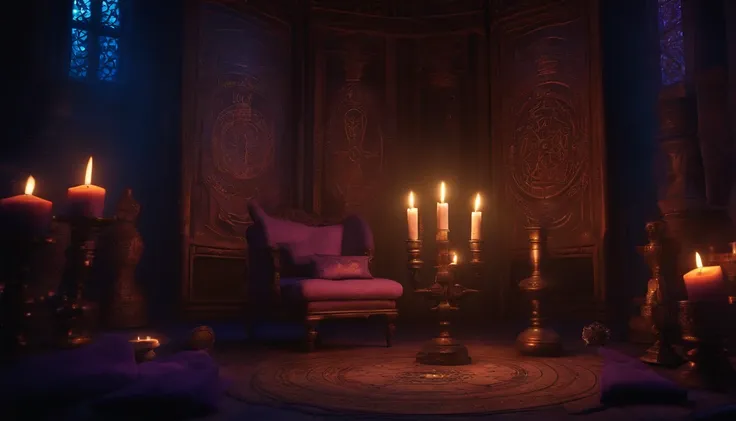 An eerie glimpse into a mystical numerology chamber, strange symbols and arcane tools float weightlessly, illuminated by candles that seem to defy gravity, blue and purple hues create an otherworldly mood