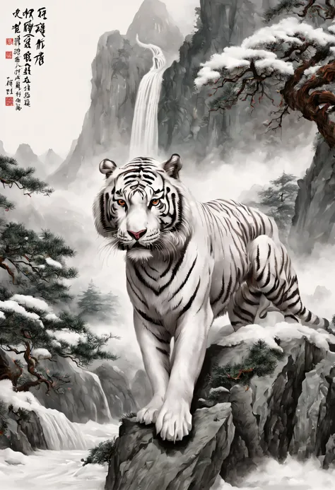 The white tiger is mighty and ferocious，Green pines and tall cypresses，Surrounded by clouds，craggy mountains，old palace，Surrounded by snow and ice，[(white backgrounid:1.5)::5]，中景 the scene is，Full body photo，Chinese，Plum blossom fragrance，stone fragment，Be...