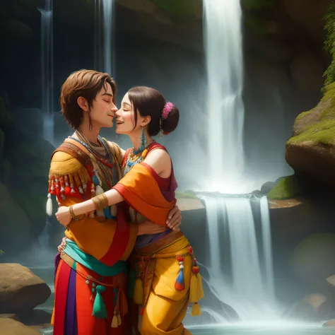 Create a Pixar-style image of the orixá xangô and orixá oxum embracing in the waterfall.