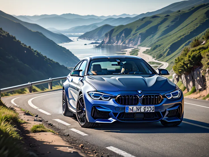 超A high resolution、An ultra-high picture quality、8K、Detailed details、marvelous expression、early summer coastline、Beautiful fresh greenery and lapping waves、A red sports car runs gracefully on the mountain pass road along the coast.......、((BMW M1 2023 ))