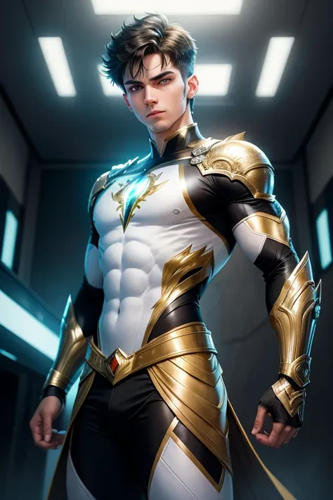 A highly detailed photograph of a white 18-year-old guy futuristic green eyes, well groomed short black hair, looking straight at the camera, superhero silver costume with dragon details in golden colour, looking straight at the camera, superhero costume w...