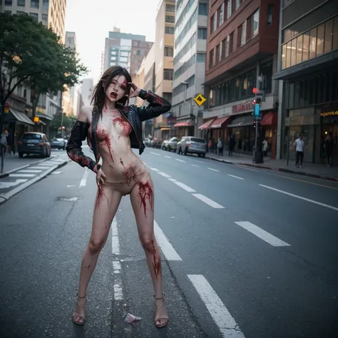 Zombie girl，Raised sexy，The clothes are torn，on the street，Stand with hands and feet twisted，Skin ulceration，Tummy down，Stand on the ground with your legs spread wide