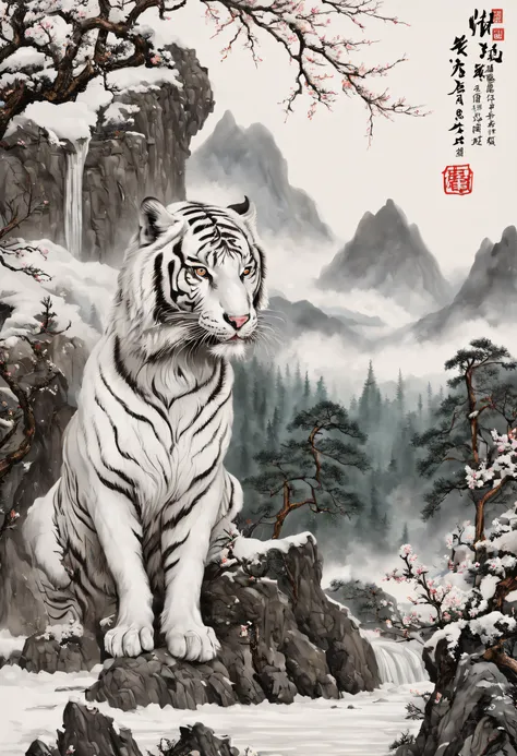 The white tiger is mighty and ferocious，Green pines and tall cypresses，Surrounded by clouds，craggy mountains，old palace，Surrounded by snow and ice，[(white backgrounid:1.5)::5]，中景 the scene is，Full body photo，Chinese，Plum blossom fragrance，stone fragment，Be...