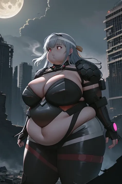 masterpiece, best quality, absurdres, obese girl, moderniadef, arms at sides, bodysuit, fractal art, shoulder pads, fat belly, fat thick thighs, fat arms, cute anda fat face, big cheeks, fat neck, moon, neon, debris, abandoned, city, ruins, destruction, de...