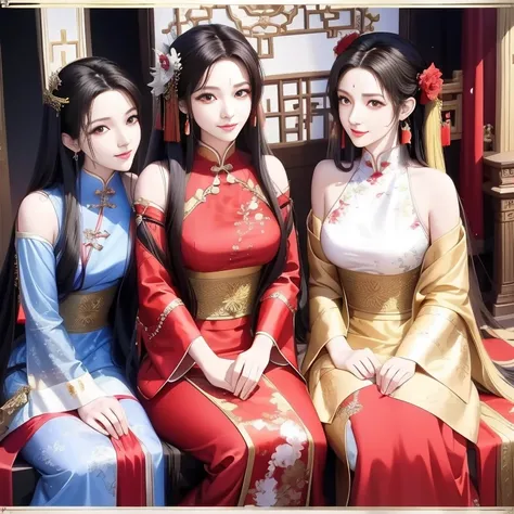 Close-up of several long-haired women wearing red and white dresses，Beautiful and seductive anime woman，beautiful fantasy queen，Inspired by Du Qiong，Seductive portrait of Tifa Lockhart，（（beautiful fantasy empress）），seductive anime girls，Vivid expressions，s...